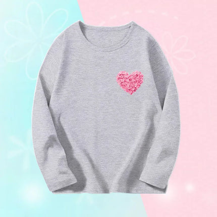 Pink Flower Heart Print Girls T-Shirt Casual White Tops Spring Long Sleeve Kids T-Shirt Kawaii Love Print Tops