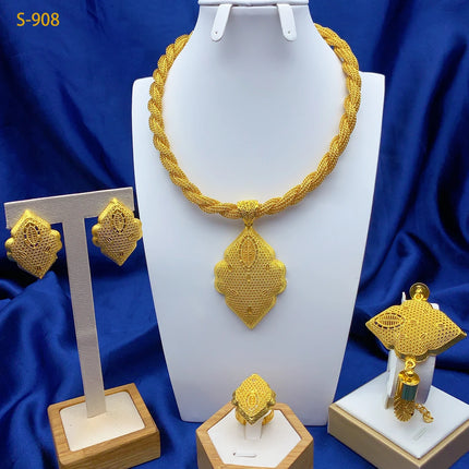 Luxury Ethiopian 24k Gold Color Twisted Necklace And Earrings Jewelry Sets For Women Dubai Indian Bridal Set Wedding