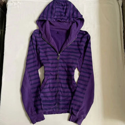 Women Zip Hoodie Slim Waist Kangaroo Pocket Soft Fleece Purple Navy Stripe Casual Loungewear Outerwear