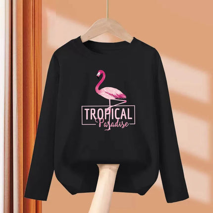 2024 New Flamingo Long-Sleeved T-shirt for Little Girls in Autumn, Round Neck Cotton Tops, Children's Fashion Tees, Ages 3-14
