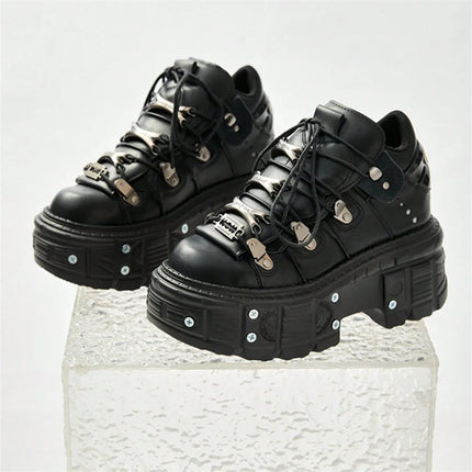 Punk Style Women Black Shoes Rock Metal Decor Lace-up Heel Height Platform Shoes Gothic Man Sneakers Women Ankle Boots 2025 New