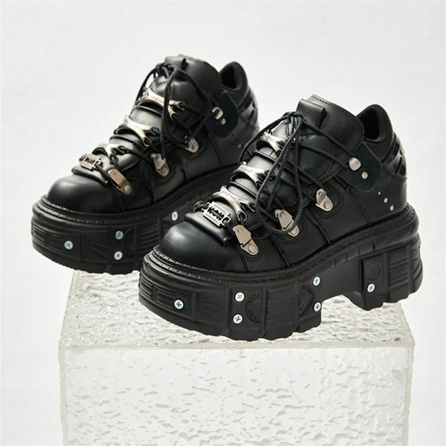 Punk Style Women Black Shoes Rock Metal Decor Lace-up Heel Height Platform Shoes Gothic Man Sneakers Women Ankle Boots 2025 New