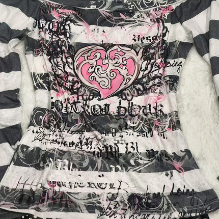 Women's Y2K Sweet 2000s Pink Angel Heart Print, Striped One-Shoulder Long-Sleeved T-Shirt, Suitable For Back-To-School Season,