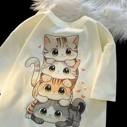 Cute Cartoon Cat Print Women's Round Neck Short Sleeved T-shirt Casual Loose Versatile Summer T-shirt
