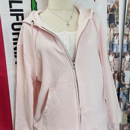 Pink Sweet Oversized Hoodie Autumn Long Sleeve Hooded Zip-up Cotton Sweatshirt Casual Simple Preppy Style Cute Hoodies Top Woman