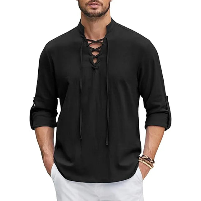 1Men's Renaissance Shirt Pirate Medieval Viking Top Cotton Linen Shirts Men Long Sleeved Halloween Costume