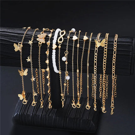 14 Pcs/Set Fashion Metal Butterfly Heart Pendant Anklets Set Bohemia Vintage Pearl Foot Bracelet Beach Woman Jewelry Gifts 2025