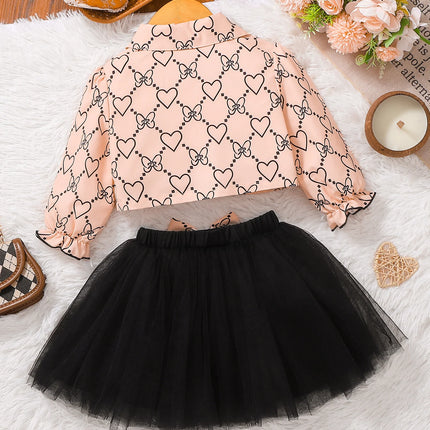 Baby Girl Casual Spring Autumn Heart Print Top + Black Tulle Skirt Two-Piece Set Infant Clothing Outfit