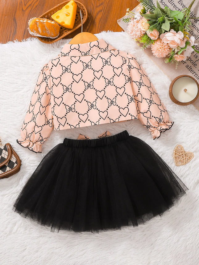 Baby Girl Casual Spring Autumn Heart Print Top + Black Tulle Skirt Two-Piece Set Infant Clothing Outfit
