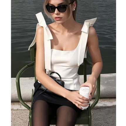 WOMAN 2025 Bow Crop Top Woman Yellow Sexy Backless Top Women White Sleeveless Tops for Women Summer Camisole Bustier Top Female