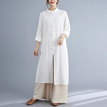 Traditional Chinese Clothing for Women Spring Autumn Cotton Long Sleeve Single-breasted Loose Top Meditation Tea Clothes