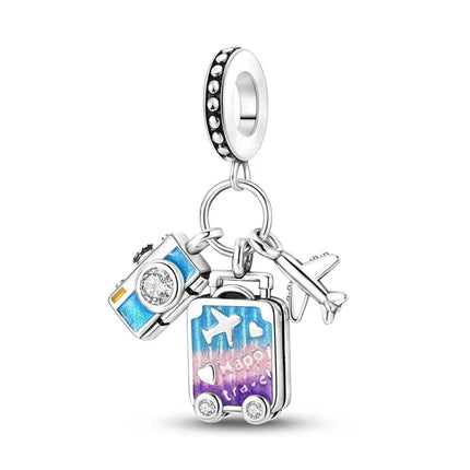 925 Sterling Silver Travel Passport Trunk Charms Fit Original Bracelet Diy Airplane Earth Beads for Jewelry Making Gift