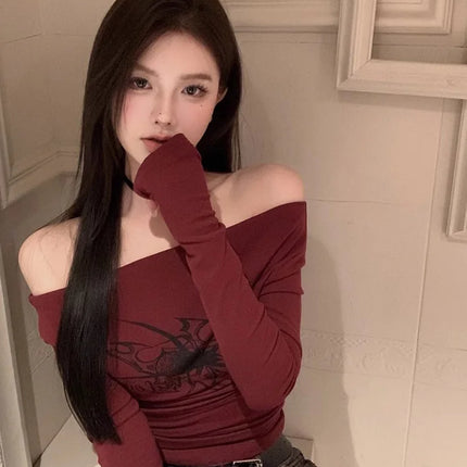 T Shirt Women Long Sleeve Off Shoulder Y2k Vintage Tops Streetwear Korean Style Crop Tops Autumn