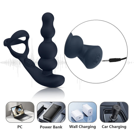 360° Rotating Anal Beads Prostate Massager with Cock Ring Remote Control Vibrating Butt Plug - Adult Toy for Men