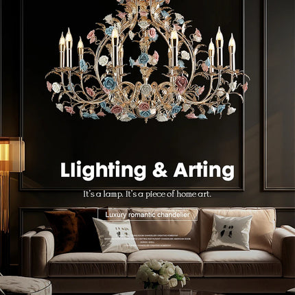European Floral Design Chandelier Modern Rose Decorative Chandelier Lighting Nordic Living Room Ceramic Flower Chandelier