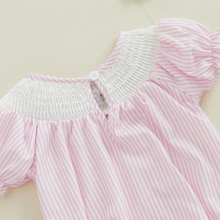 Newborn Infant Baby Girl Bunny Romper Puff Sleeve Rabbit Smocked Striped Bubble Bodysuit My 1st Easter Outfit Summer Clothes