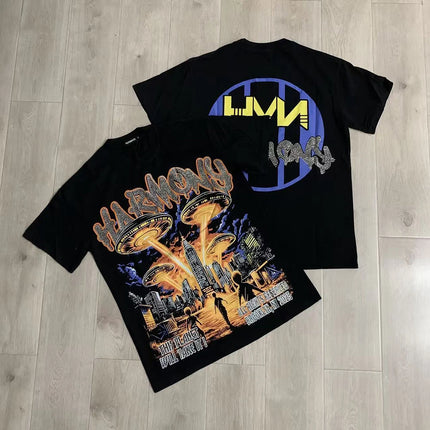 Graffiti Streerwear Washed Letter Shinning Diamond Short Sleeve Mens Tshirts Crew Neck Pure Cotton Baggy Rhinestone Top Tees