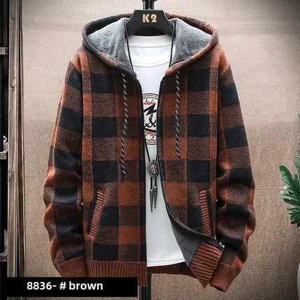 2023 Autumn/winter Fleece-lined Trendy Color Block Versatile Hooded Men's Cardigan Youth Outerwear Knitted Top For Men