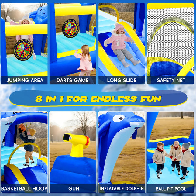 Dolphin 8-in-1 Inflatable Water Slide Park, Wet & Dry Bounce House with Splash Pool, Water Cannon, Basketball Hoop, Sprinkler, Safe Mesh Wall, Complete Set with Air Blower, Outdoor Backyard Blow Up Water Play Center for Kids