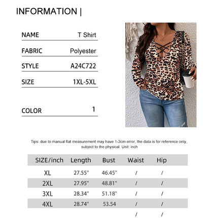 Plus Size Womens Elegant Leopard Print Long Sleeve Top Lace Trim Deep V-Neck Suitable for plus size wear Fashion Sexy