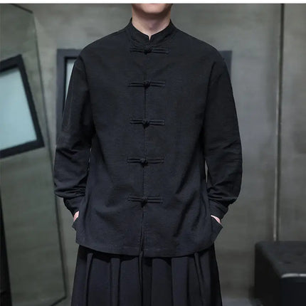 Chinese Style Men Long Sleeve Casual Shirt New 2026 Spring Vintage Mandarin Collar Loose Male Cotton Linen Tops Shirts N055