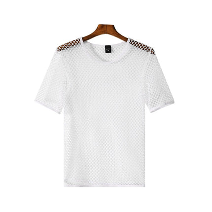 Mens Mesh See Through T Shirt Ice Cool Breathable Fishnet Hollow Out Short Sleeve