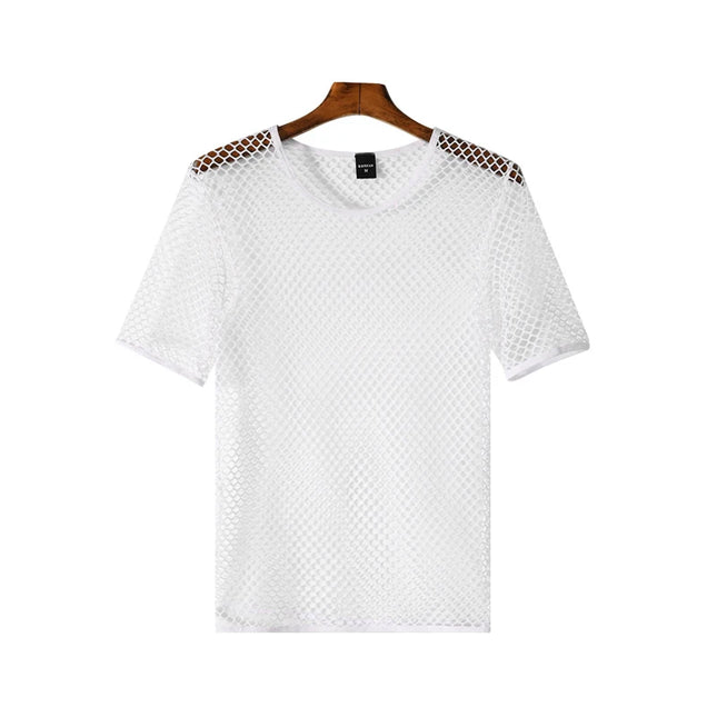 Mens Mesh See Through T Shirt Ice Cool Breathable Fishnet Hollow Out Short Sleeve
