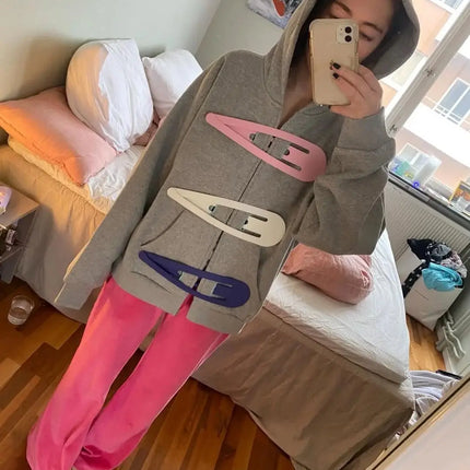 American Retro Hair Clip Hoodies Womens New Zipper Cardigan Jacket Womens Kawaii Oversized Hoodie Sweatshirt Fashion Y2k Clothes