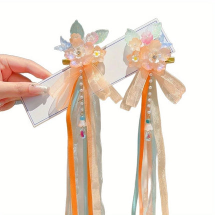 Fairycore Floral Hair Clips with Ribbons & Tassels - Traditional Chinese Hair Accessories for Hanfu | Gift for Girls