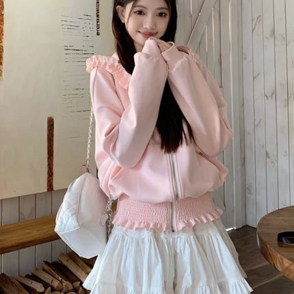 2026 Y2k Aesthetic Pink Ruffled Hoodies Women Casual Loose Harajuku Zipper Sweatshirt Spring Sweet Cute Grunge Hoody Jackets