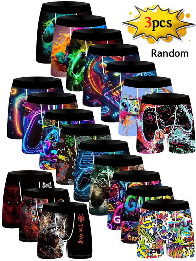 Random 3Pcs Fashion Print Men's Boxer Shorts Ice Silk Underwear Underpants Cool Breathable Loose Fit Panties Wholesale Lots