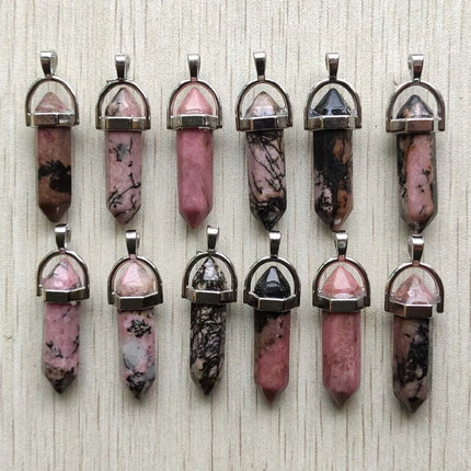 Fast shipping Natural stone quartz aventurine lapis crystal hexagonal pillar Pendants for Jewelry accessories 12pcs Wholesale