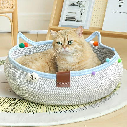 Durable 2-in-1 Cat Scratcher & Bed + Colorful Balls. Space-saving, natural style for cats & small dogs.