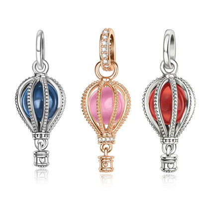 Fashionable 925 Sterling Silver Blue and Pink Hot Air Balloon Pendant Dangle Charm Fit Brand Bracelet Sparkling Jewelry