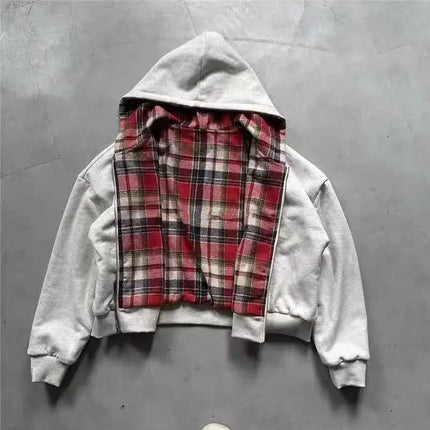 American Double-Sided Plaid Loose Zipper Hoodie Men Y2K New Harajuku Hip-Hop Gothic Couple Casual Joker Sweatshirt Streetwear