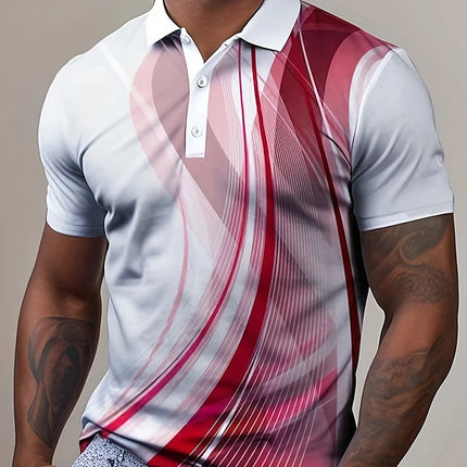 Multi-color stripes Pattern Men's Polo Shirt Business Casual Vacation Short Sleeve Polo Shirt Formal Button Down Lapel T-Shirt