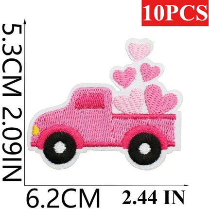 10PCS Wholesale Pink Car Shape Embroidery Pink Love Style Patches DIY Cloth for Hats/T-shirt/Jeans Girls Kids Valentine Iron on