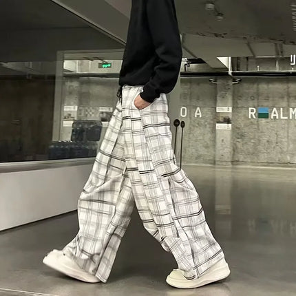 Spring Casual Plaid Striped Straight-leg Pants For Man High Street Fashion Corduroy Drawstring Trousers Y2K Retro Sweatpants