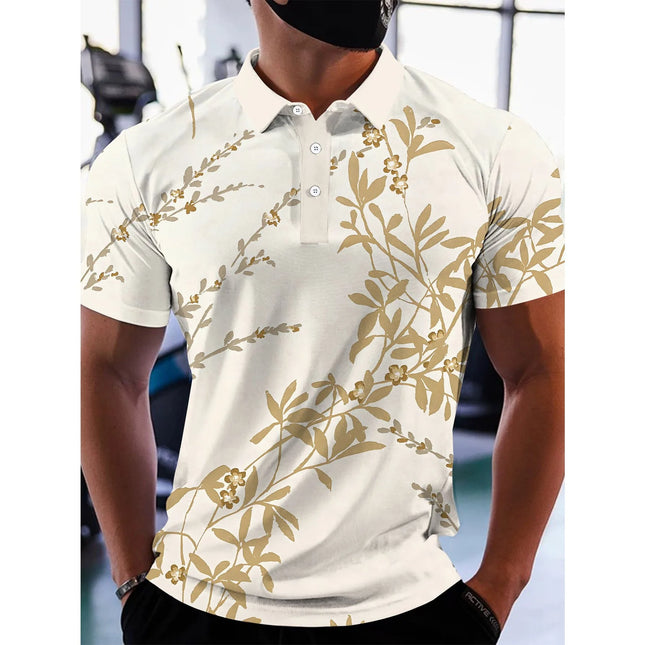 Men's Short Sleeved Polo Fashion Golf Rice White Gold Plant Style Wallpaper Fashion Casual Men's 3D Digital Printing