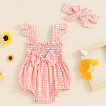 FOCUSNORM 0-18M Lovely Baby Girls Summer Romper Outfits Fly Sleeve Plaid Print Ruffles Boknot Jumpsuits with Headband