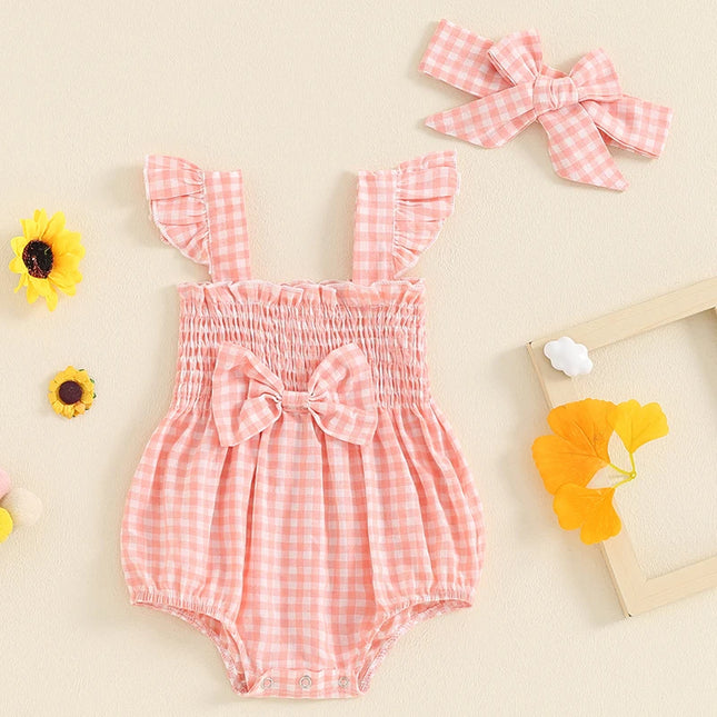 FOCUSNORM 0-18M Lovely Baby Girls Summer Romper Outfits Fly Sleeve Plaid Print Ruffles Bowknot Jumpsuits with Headband