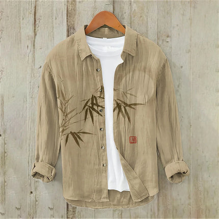Men's Long Sleeve Shirt Japanese Fashion Art Bamboo Illustration High Quality Large Size Men's Clothing