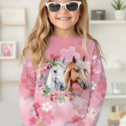 Girl Clothes Fashion Horse 3D Print Kids Long Sleeves T-Shirt Loose Casual Autumn Tops Outdoor Comfortable Children's Clothing