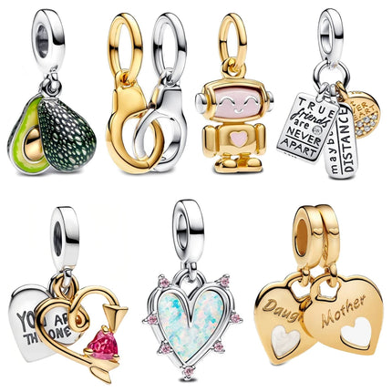 Exquisite 925 Sterling Silver Golden Heart&Robot&Badge Three in One&Avocado Pendant Fit Brand Bracelet Neutral Style Jewelry