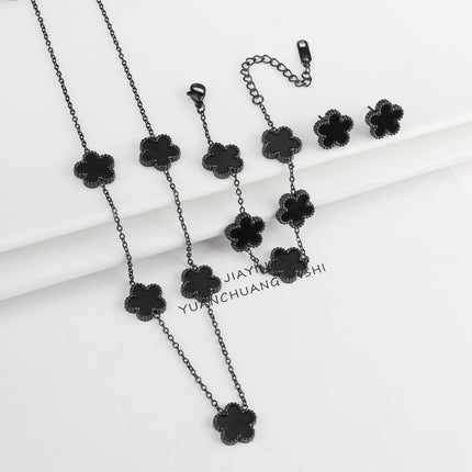 Simple 316L Stainless Steel Flower Five Leaf Necklace Bracelet Earrings 18K Gold Plated Jewelry Set For Women Girl Gift Clover