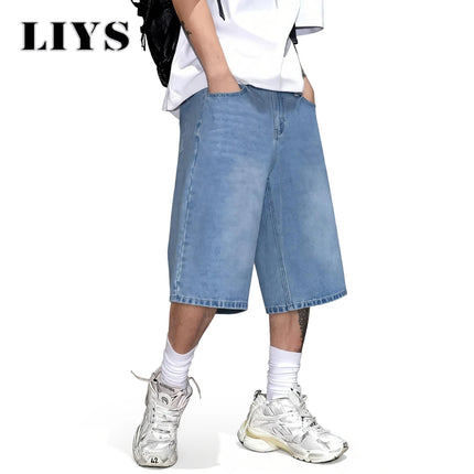 LIYS Men's Simple Light Blue Retro Ultra Baggy Wide-Leg Denim Shorts Student Youth Street Casual Oversized Baggy Jeans Unisex