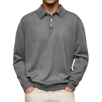 Casual Long Sleeve V-Neck Polo Shirt Men's Autumn Winter Fashion Independent Station Hit Button Leisure Top Polyester Fiber