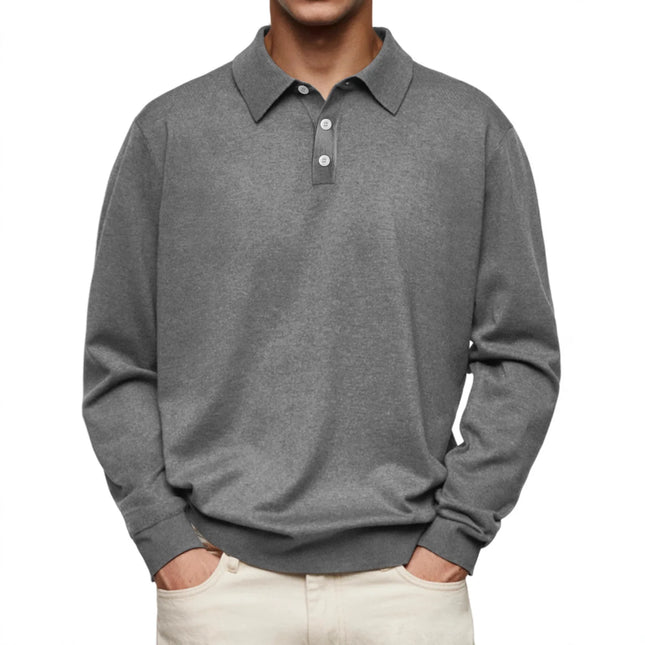 Casual Long Sleeve V-Neck Polo Shirt Men's Autumn Winter Fashion Independent Station Hit Button Leisure Top Polyester Fiber