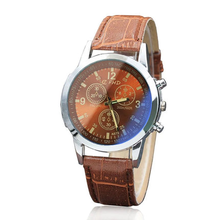 Luxury Blue Ray Glass Watches For Men Neutral Quartz Simulates The Wrist Watch Brand Casual Leather Strap Watches Reloj Hombre