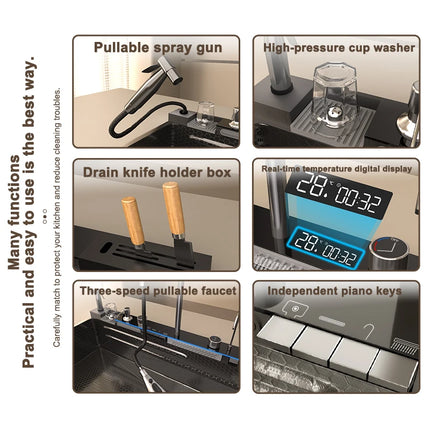 Kitchen Sink Stainless Steel Waterfall Sinks Extra Large Single Slot with Digital Display Faucet Set For kitchen